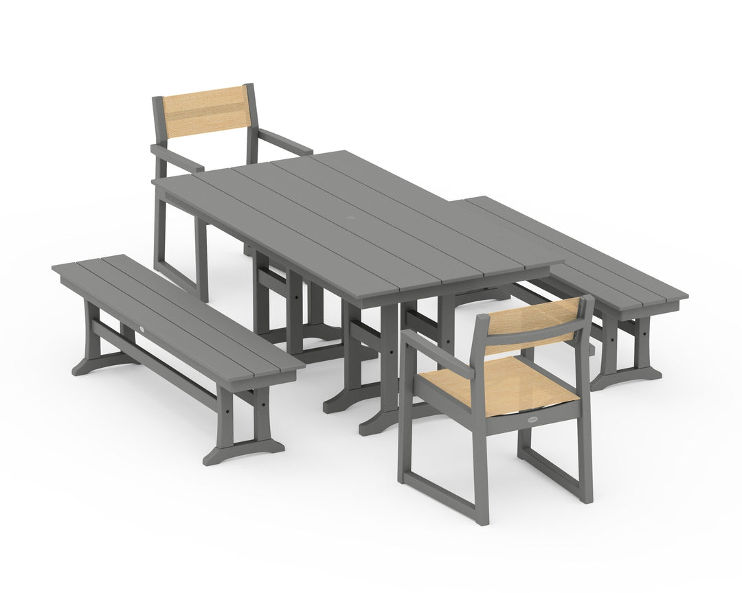 POLYWOOD® EDGE Sling Arm Chair 5-Piece Farmhouse Dining Set with Benches