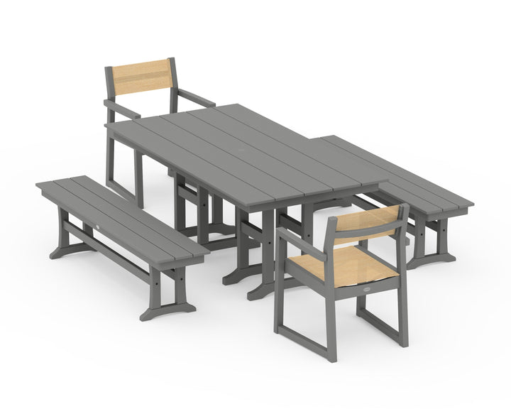 POLYWOOD® EDGE Sling Arm Chair 5-Piece Farmhouse Dining Set with Benches