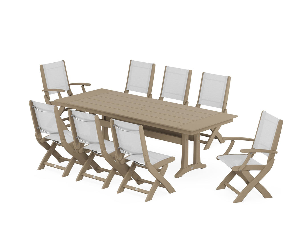 POLYWOOD® Coastal 9-Piece Folding Dining Chair Farmhouse Dining Set with Trestle Legs