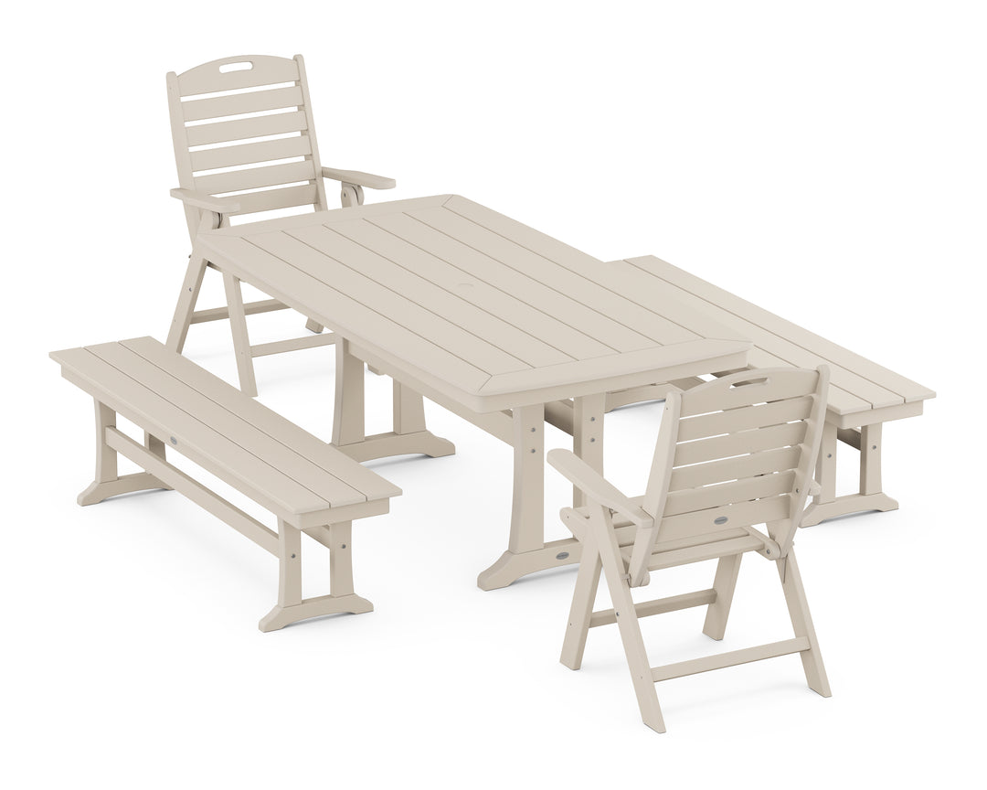 POLYWOOD® Nautical Folding Highback Chair 5-Piece Dining Set with Trestle Legs and Benches