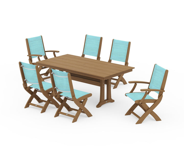 POLYWOOD® Coastal Folding Chair 7-Piece Farmhouse Dining Set with Trestle Legs