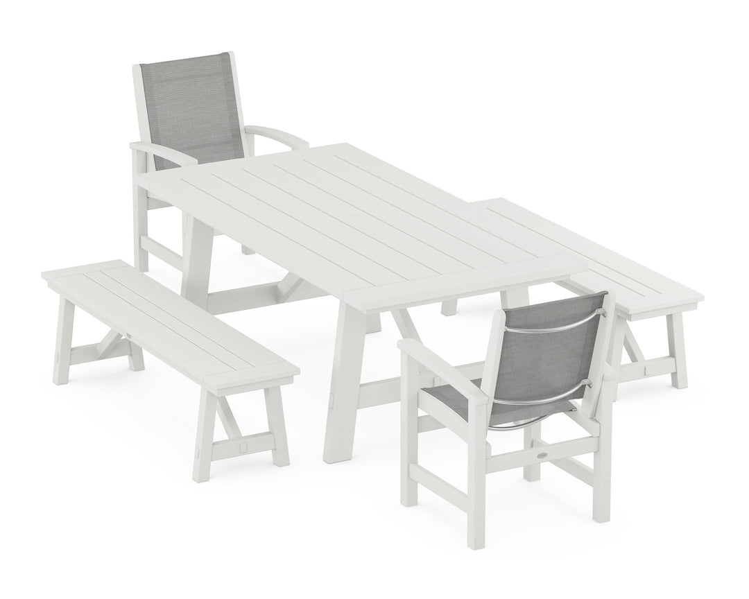 POLYWOOD® Coastal 5-Piece Rustic Farmhouse Dining Set With Benches