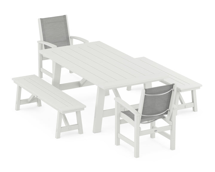 POLYWOOD® Coastal 5-Piece Rustic Farmhouse Dining Set With Benches