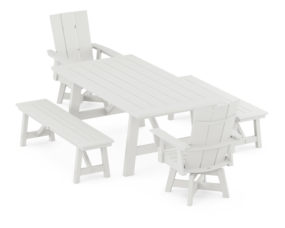 POLYWOOD® Modern Curveback Adirondack Swivel Chair 5-Piece Rustic Farmhouse Dining Set With Benches