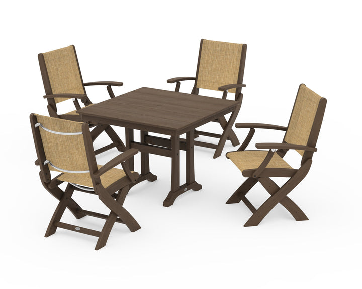 POLYWOOD® Coastal Folding Chair 5-Piece Farmhouse Dining Set With Trestle Legs