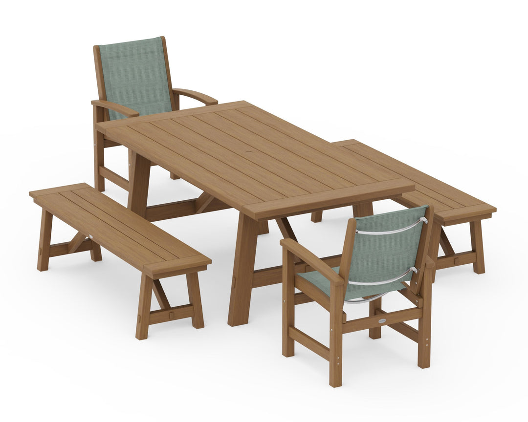 POLYWOOD® Coastal 5-Piece Rustic Farmhouse Dining Set With Benches