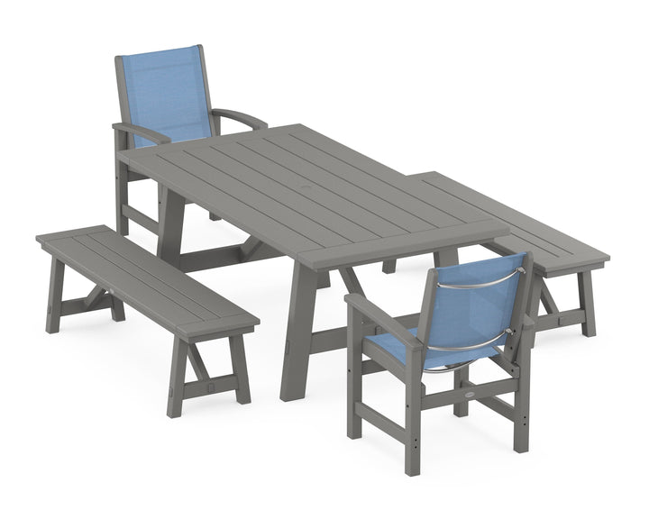 POLYWOOD® Coastal 5-Piece Rustic Farmhouse Dining Set With Benches