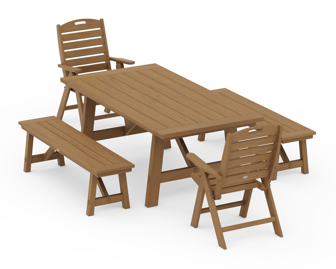 POLYWOOD® Nautical Folding Highback Chair 5-Piece Rustic Farmhouse Dining Set With Benches