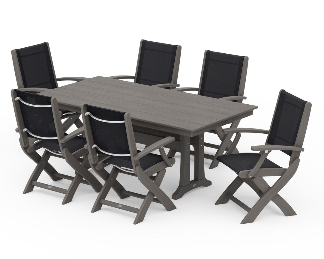 POLYWOOD® Coastal Folding Arm Chair 7-Piece Farmhouse Dining Set with Trestle Legs