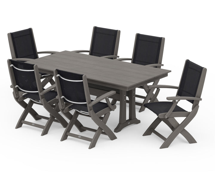 POLYWOOD® Coastal Folding Arm Chair 7-Piece Farmhouse Dining Set with Trestle Legs