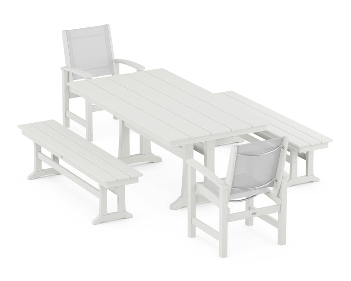 POLYWOOD® Coastal 5-Piece Farmhouse Dining Set with Trestle Legs and Benches