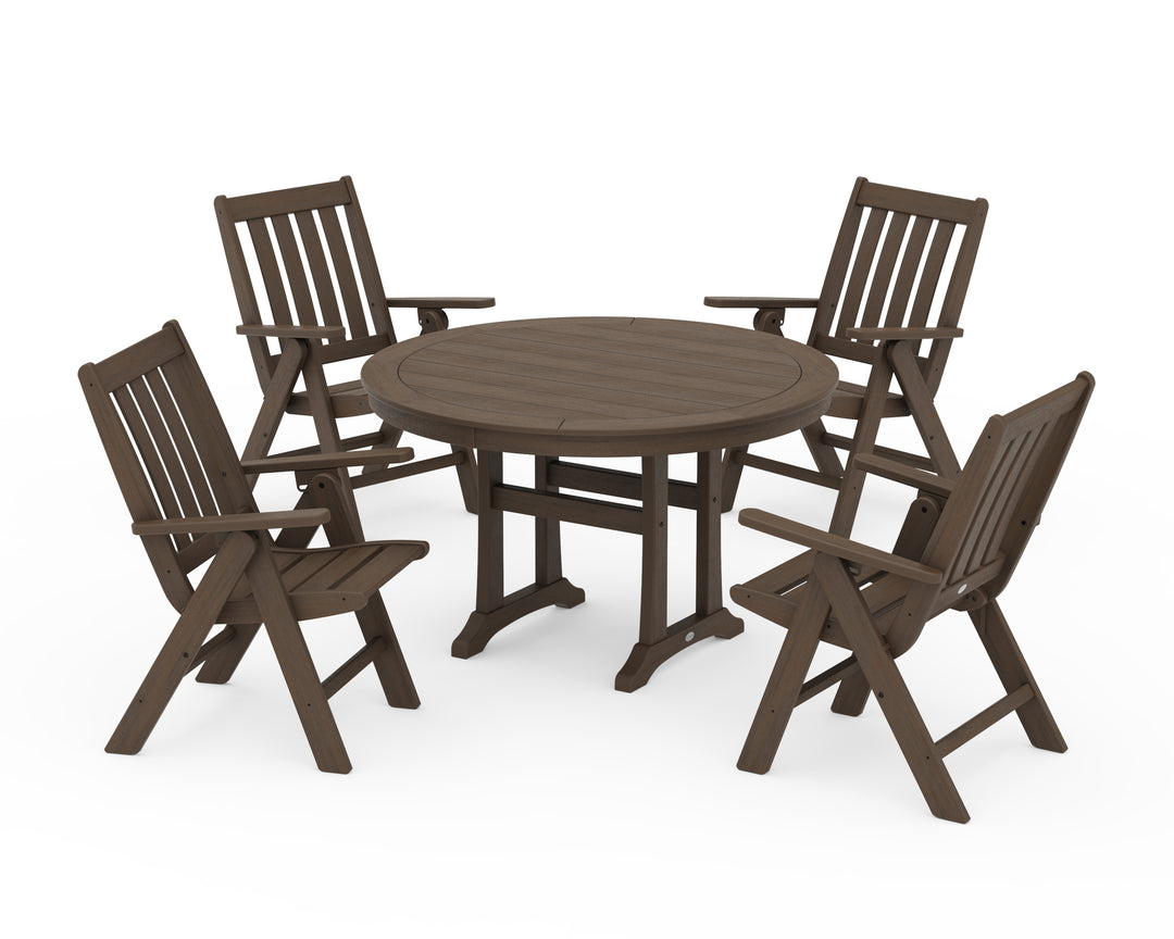 POLYWOOD® Vineyard Folding Chair 5-Piece Round Dining Set with Trestle Legs