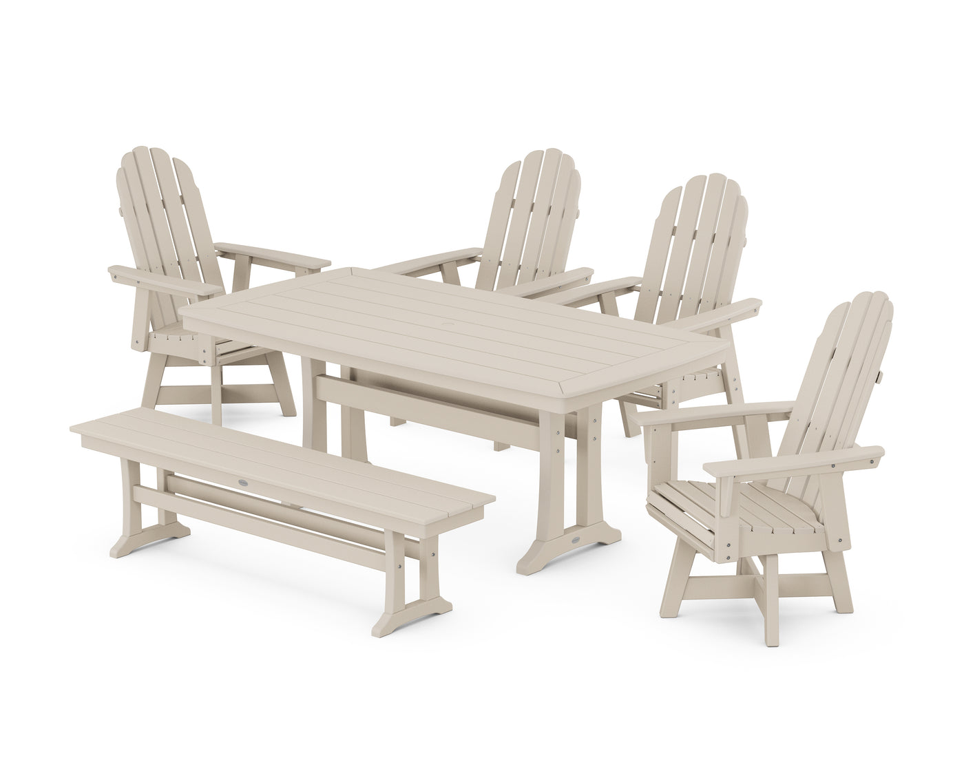 Vineyard Curveback Adirondack Swivel Chair 6-Piece Dining Set with Trestle Legs and Bench