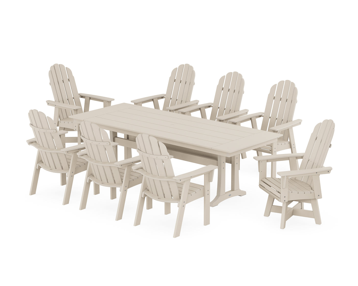 Vineyard 9-Piece Curveback Adirondack Swivel Farmhouse Dining Set with Trestle Legs