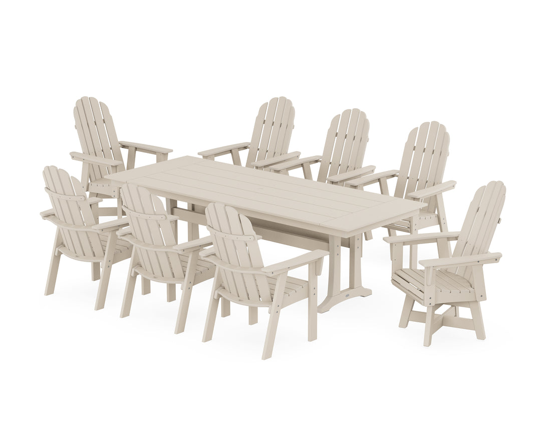 POLYWOOD® Vineyard 9-Piece Curveback Adirondack Swivel Farmhouse Dining Set with Trestle Legs