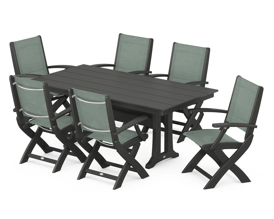 POLYWOOD® Coastal Folding Arm Chair 7-Piece Farmhouse Dining Set with Trestle Legs