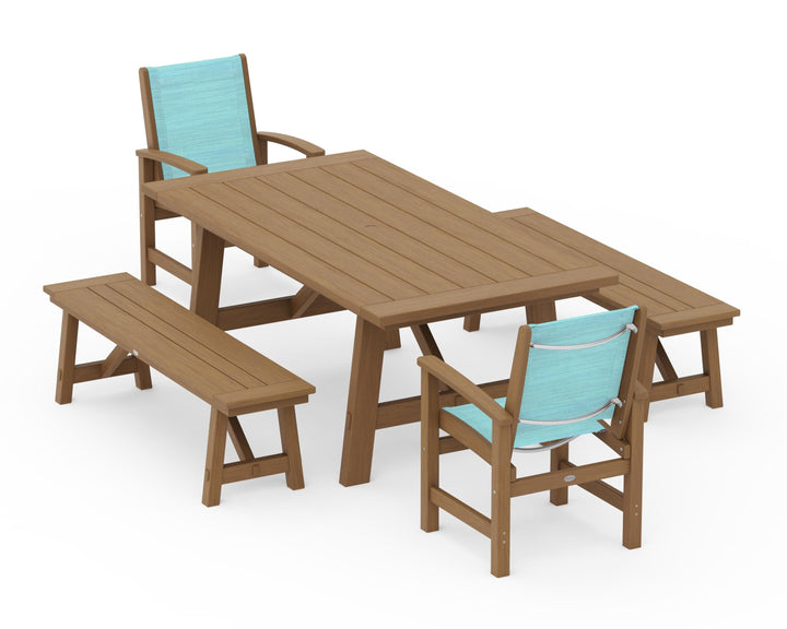 POLYWOOD® Coastal 5-Piece Rustic Farmhouse Dining Set With Benches