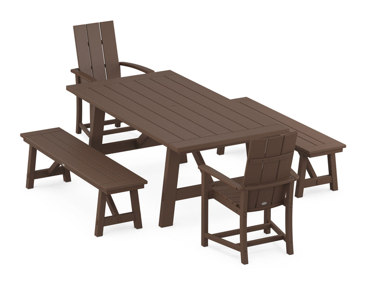 POLYWOOD® Modern Adirondack 5-Piece Rustic Farmhouse Dining Set With Benches