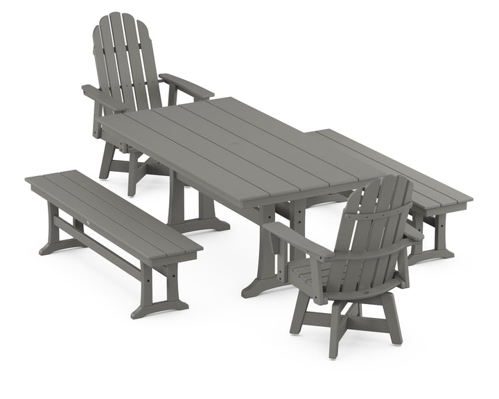 POLYWOOD® Vineyard Curveback Adirondack Swivel Chair 5-Piece Farmhouse Dining Set With Trestle Legs and Benches