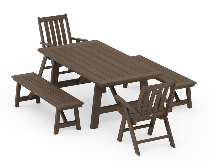 POLYWOOD® Vineyard Folding Chair 5-Piece Rustic Farmhouse Dining Set With Benches
