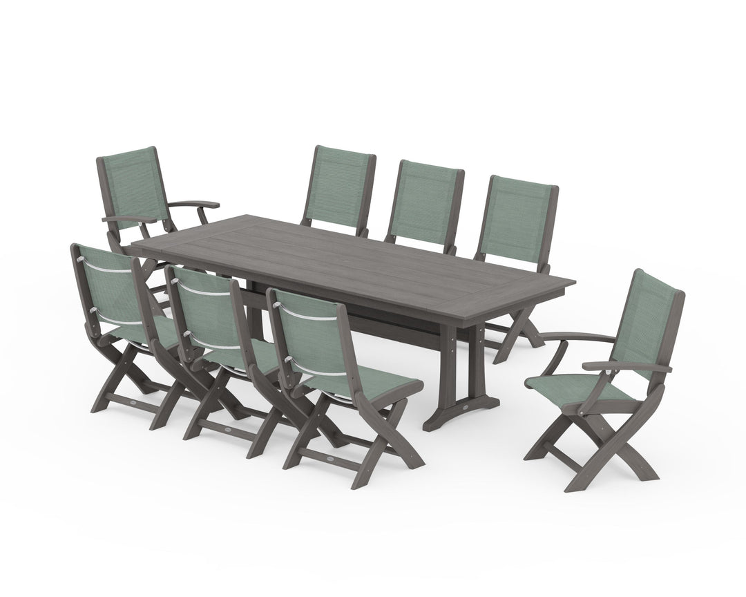 POLYWOOD® Coastal 9-Piece Folding Dining Chair Farmhouse Dining Set with Trestle Legs