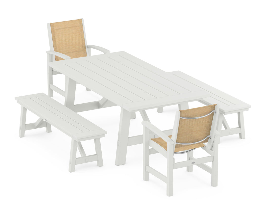 POLYWOOD® Coastal 5-Piece Rustic Farmhouse Dining Set With Benches