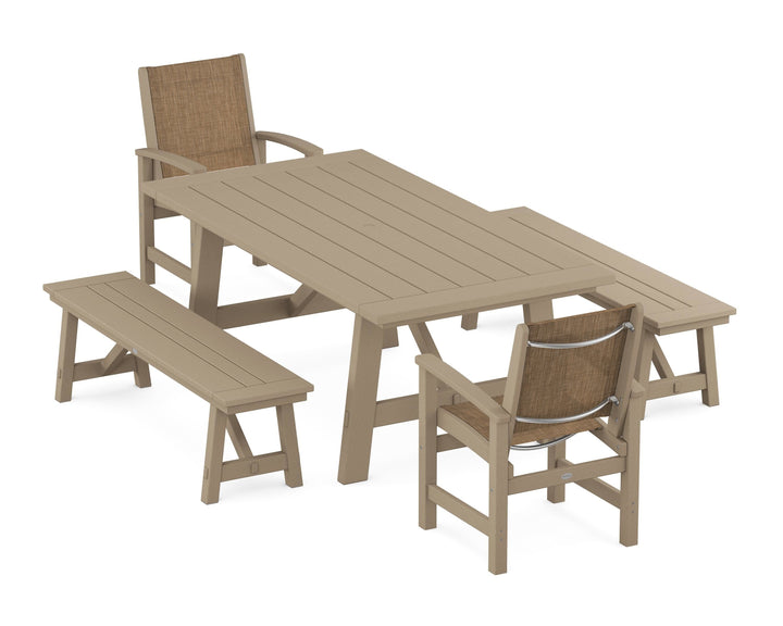 POLYWOOD® Coastal 5-Piece Rustic Farmhouse Dining Set With Benches