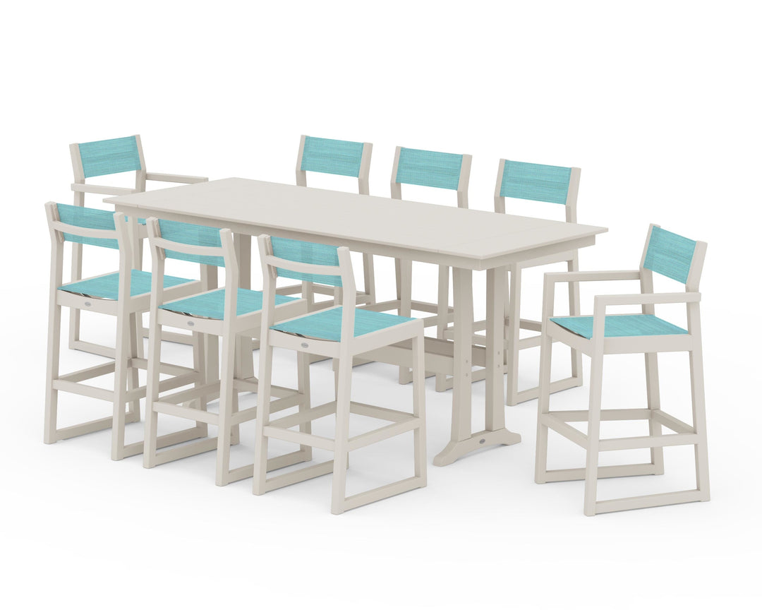 POLYWOOD® EDGE Sling 9-Piece Farmhouse Bar Set with Trestle Legs