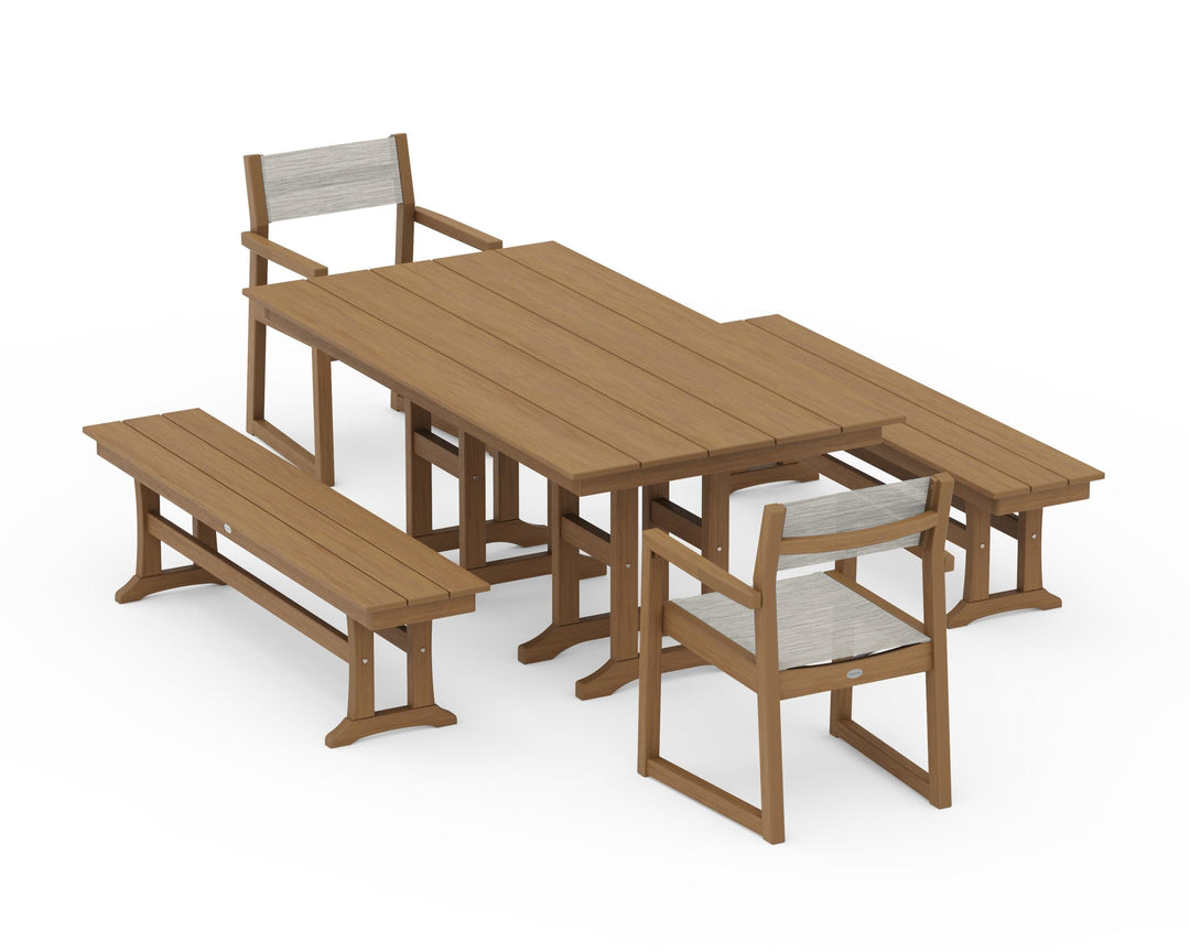 POLYWOOD® EDGE Sling Arm Chair 5-Piece Farmhouse Dining Set with Benches