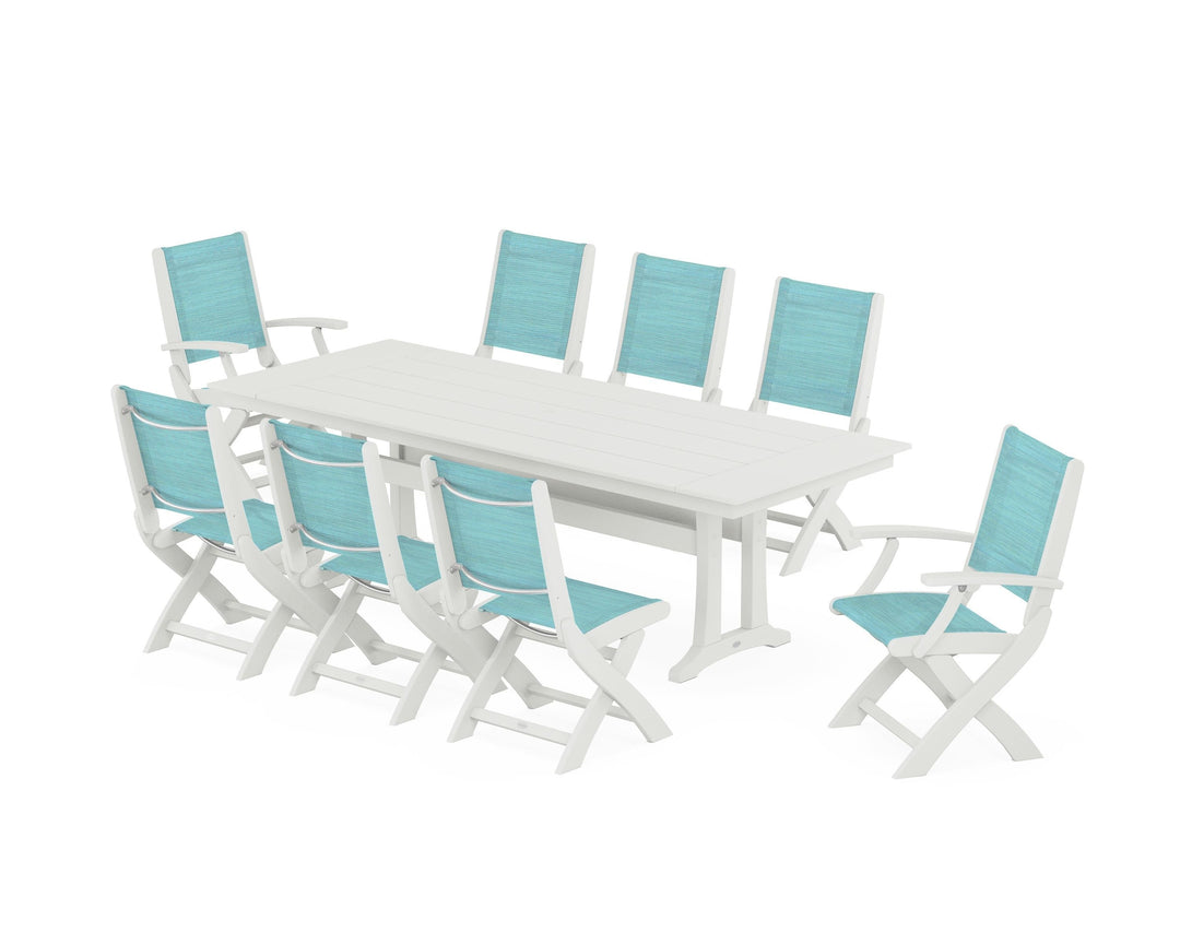 POLYWOOD® Coastal 9-Piece Folding Dining Chair Farmhouse Dining Set with Trestle Legs