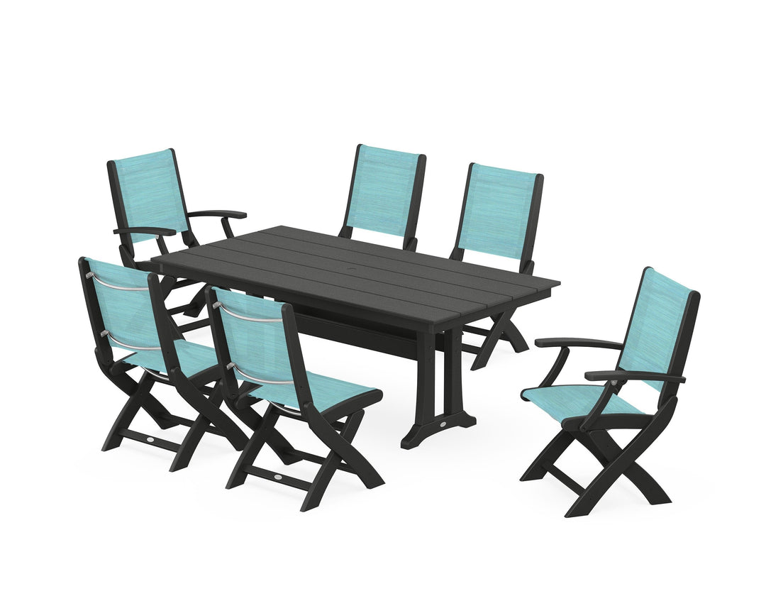 POLYWOOD® Coastal Folding Chair 7-Piece Farmhouse Dining Set with Trestle Legs