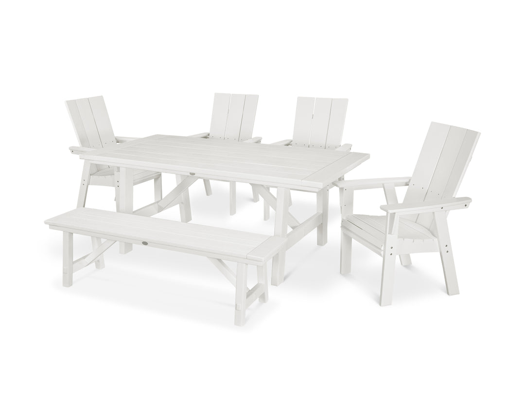 POLYWOOD® Modern Curveback Adirondack 6-Piece Rustic Farmhouse Dining Set with Bench
