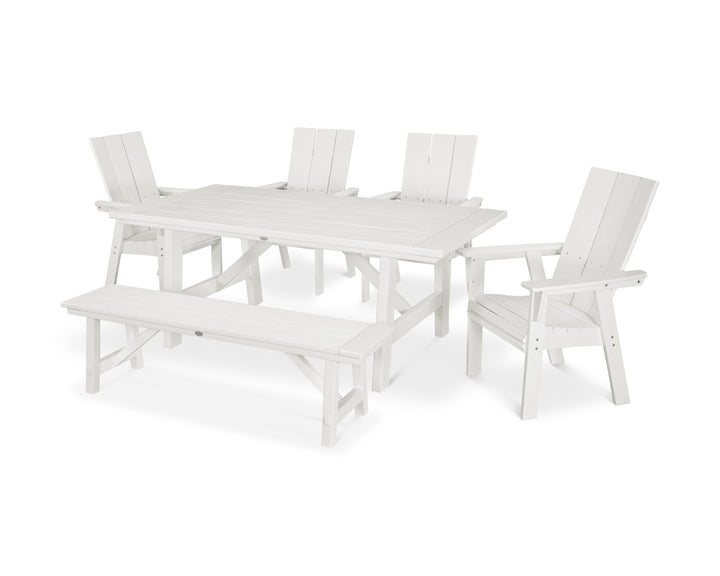 POLYWOOD® Modern Curveback Adirondack 6-Piece Rustic Farmhouse Dining Set with Bench