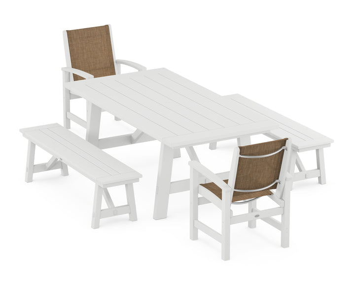 POLYWOOD® Coastal 5-Piece Rustic Farmhouse Dining Set With Benches