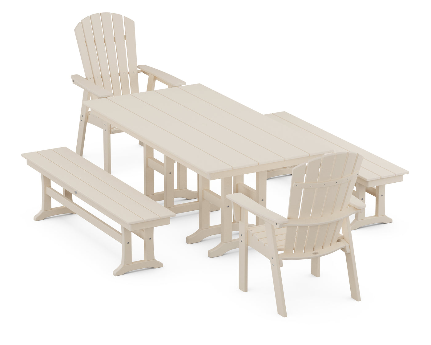 Nautical Curveback Adirondack 5-Piece Farmhouse Dining Set with Benches