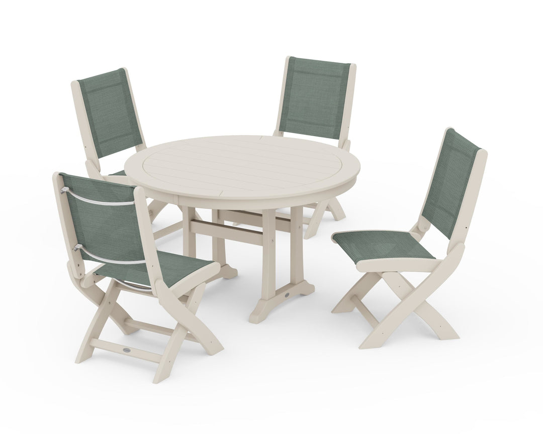 POLYWOOD® Coastal Folding Side Chair 5-Piece Round Dining Set With Trestle Legs