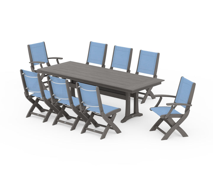 POLYWOOD® Coastal 9-Piece Folding Dining Chair Farmhouse Dining Set with Trestle Legs