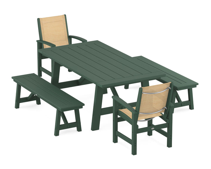 POLYWOOD® Coastal 5-Piece Rustic Farmhouse Dining Set With Benches
