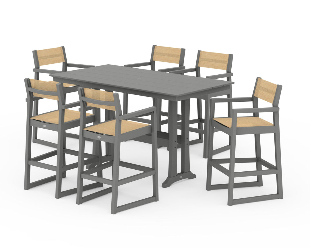 POLYWOOD® EDGE Sling Arm Chair 7-Piece Farmhouse Bar Set with Trestle Legs