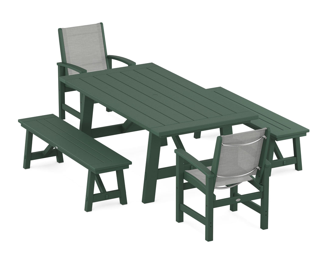 POLYWOOD® Coastal 5-Piece Rustic Farmhouse Dining Set With Benches