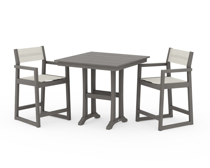 POLYWOOD® EDGE Sling Arm Chair 3-Piece Farmhouse Counter Set with Trestle Legs