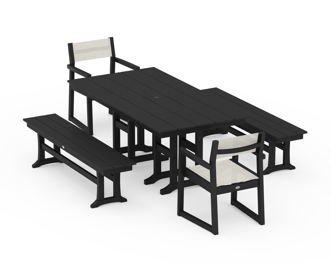 POLYWOOD® EDGE Sling Arm Chair 5-Piece Farmhouse Dining Set with Benches