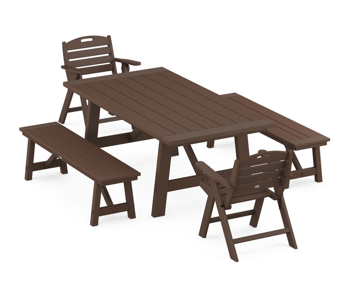 POLYWOOD® Nautical Folding Lowback Chair 5-Piece Rustic Farmhouse Dining Set With Benches