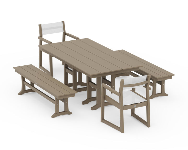 POLYWOOD® EDGE Sling Arm Chair 5-Piece Farmhouse Dining Set with Benches