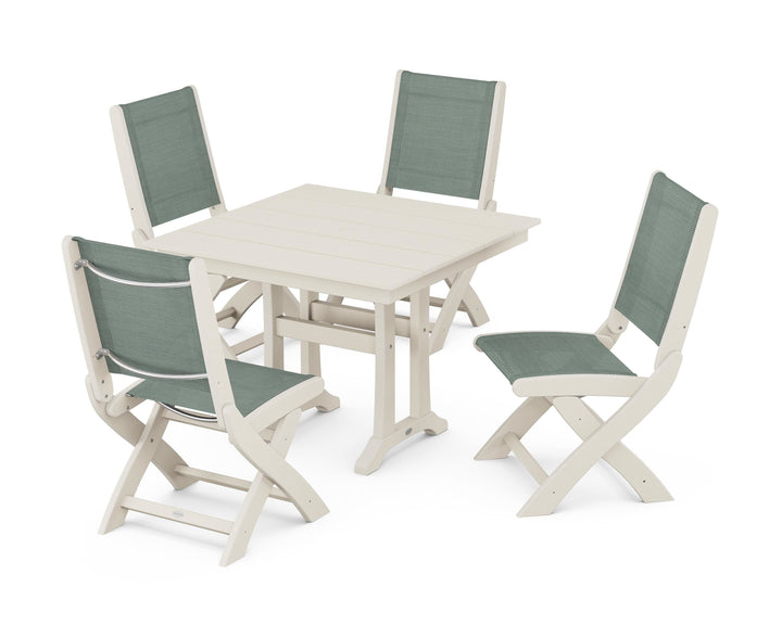 POLYWOOD® Coastal Folding Side Chair 5-Piece Farmhouse Dining Set With Trestle Legs