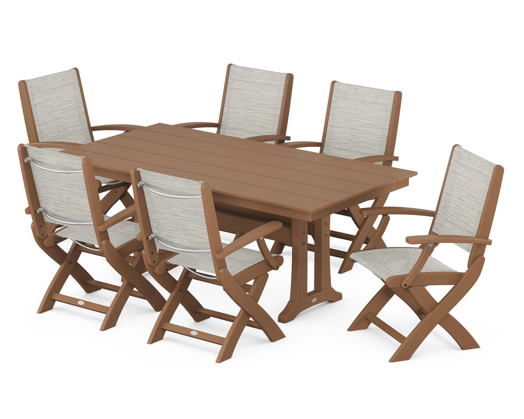 POLYWOOD® Coastal Folding Arm Chair 7-Piece Farmhouse Dining Set with Trestle Legs