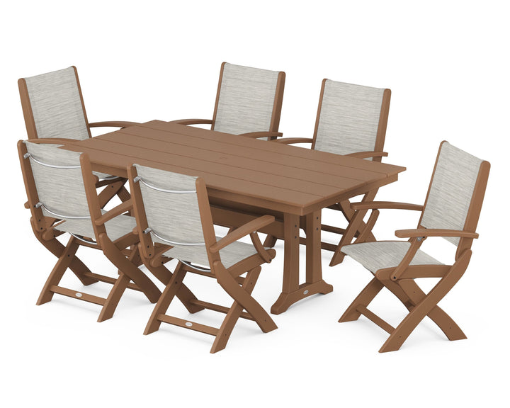 POLYWOOD® Coastal Folding Arm Chair 7-Piece Farmhouse Dining Set with Trestle Legs