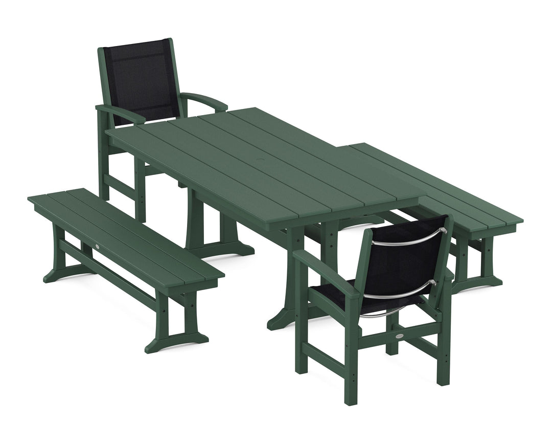 POLYWOOD® Coastal 5-Piece Farmhouse Dining Set with Trestle Legs and Benches