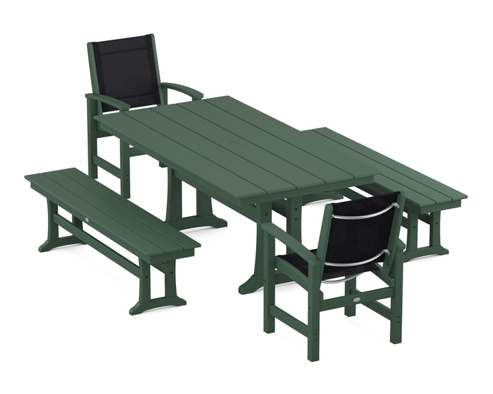 POLYWOOD® Coastal 5-Piece Farmhouse Dining Set with Trestle Legs and Benches