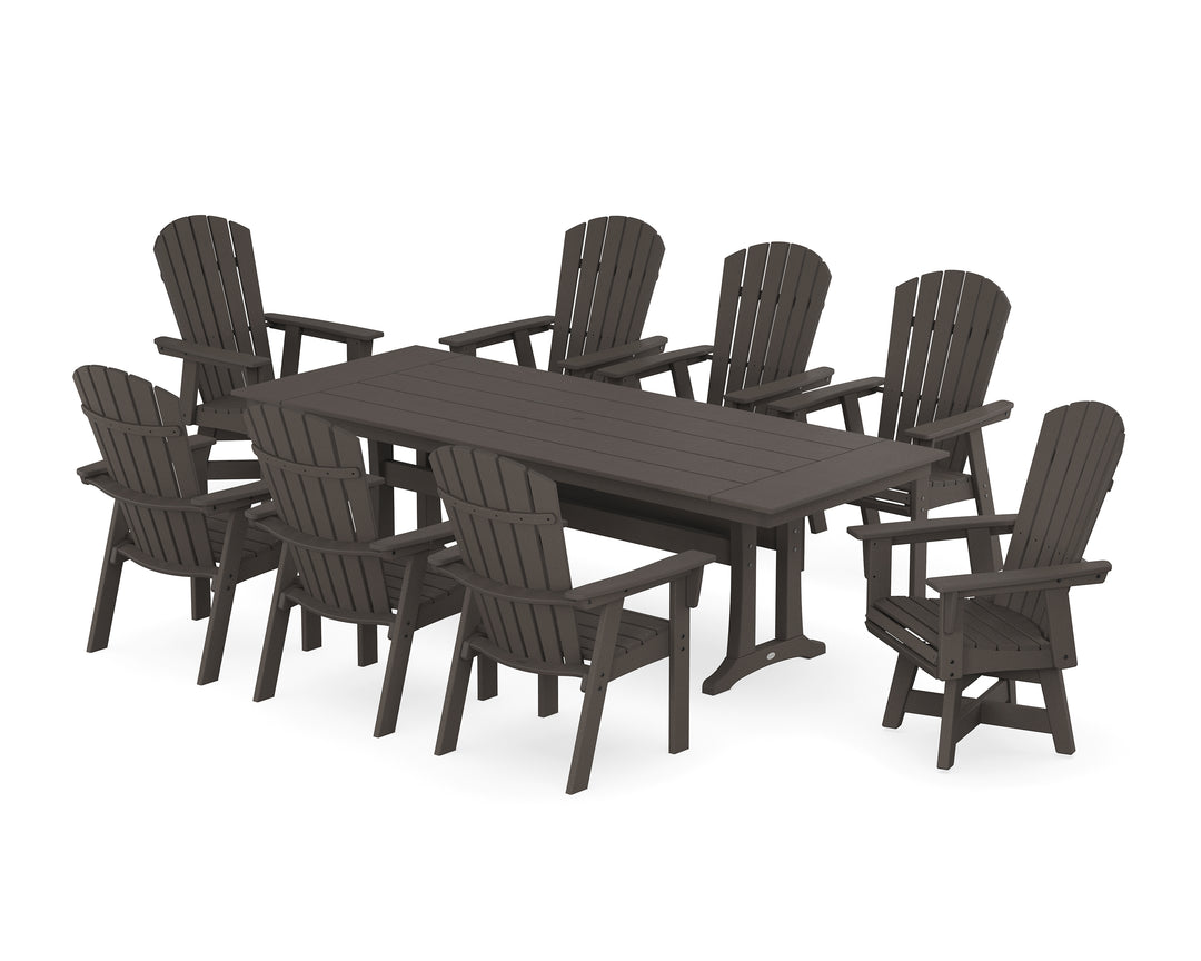 POLYWOOD® Nautical Curveback Adirondack Swivel 9-Piece Farmhouse Dining Set with Trestle Legs